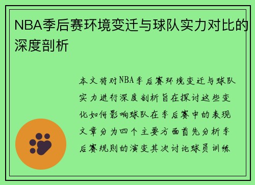 NBA季后赛环境变迁与球队实力对比的深度剖析