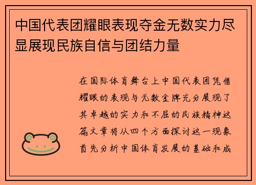 中国代表团耀眼表现夺金无数实力尽显展现民族自信与团结力量