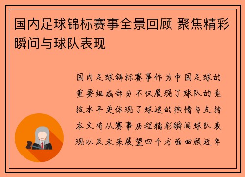 国内足球锦标赛事全景回顾 聚焦精彩瞬间与球队表现