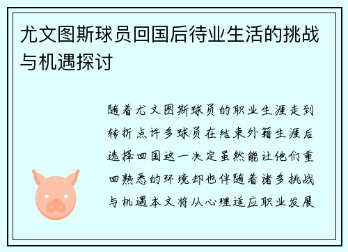 尤文图斯球员回国后待业生活的挑战与机遇探讨