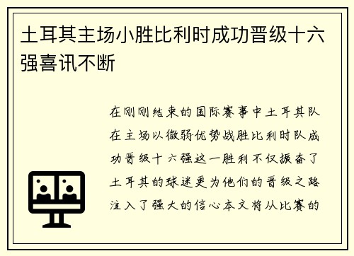 土耳其主场小胜比利时成功晋级十六强喜讯不断