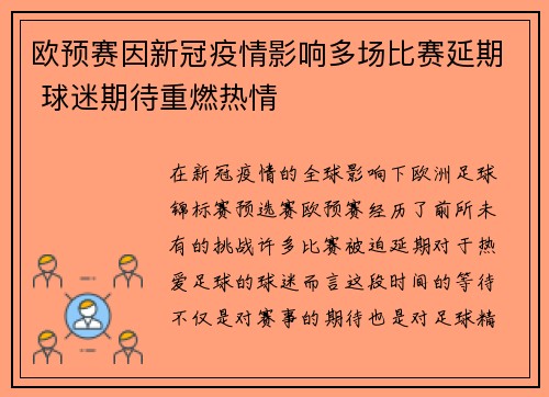 欧预赛因新冠疫情影响多场比赛延期 球迷期待重燃热情
