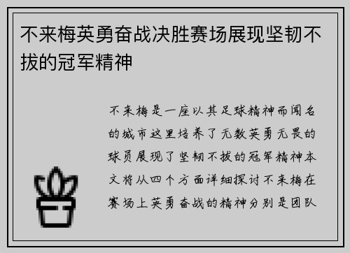 不来梅英勇奋战决胜赛场展现坚韧不拔的冠军精神