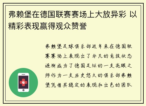 弗赖堡在德国联赛赛场上大放异彩 以精彩表现赢得观众赞誉