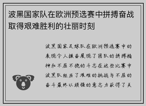 波黑国家队在欧洲预选赛中拼搏奋战取得艰难胜利的壮丽时刻