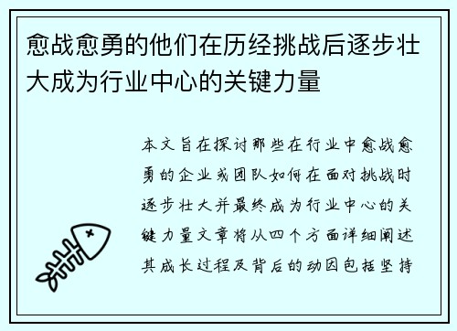 愈战愈勇的他们在历经挑战后逐步壮大成为行业中心的关键力量