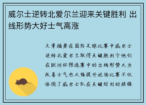 威尔士逆转北爱尔兰迎来关键胜利 出线形势大好士气高涨