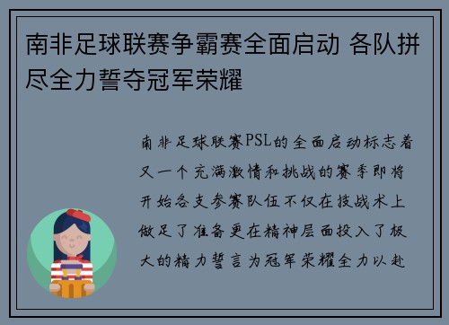 南非足球联赛争霸赛全面启动 各队拼尽全力誓夺冠军荣耀