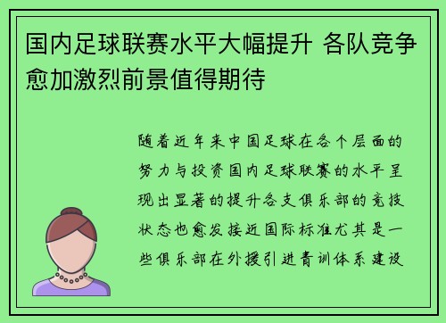 国内足球联赛水平大幅提升 各队竞争愈加激烈前景值得期待
