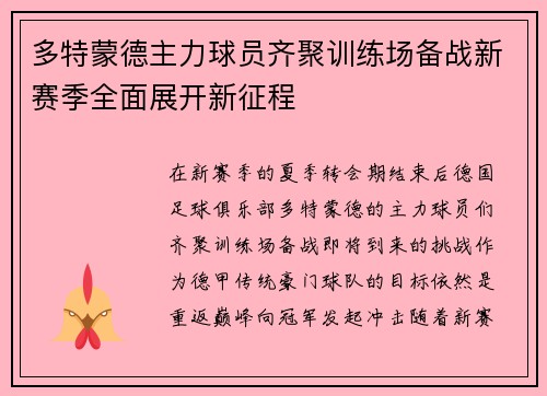 多特蒙德主力球员齐聚训练场备战新赛季全面展开新征程