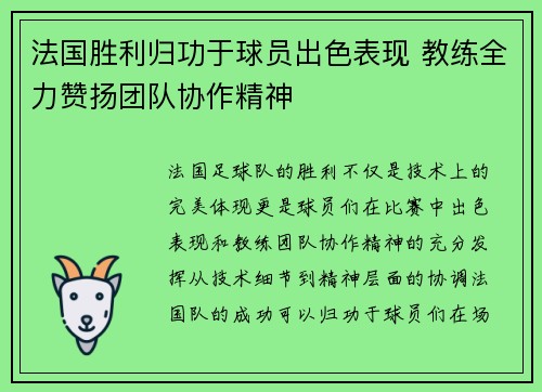 法国胜利归功于球员出色表现 教练全力赞扬团队协作精神