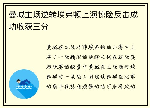 曼城主场逆转埃弗顿上演惊险反击成功收获三分