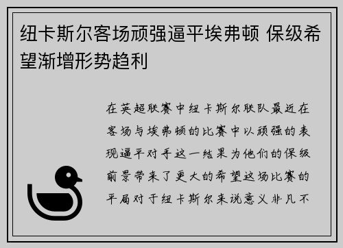 纽卡斯尔客场顽强逼平埃弗顿 保级希望渐增形势趋利