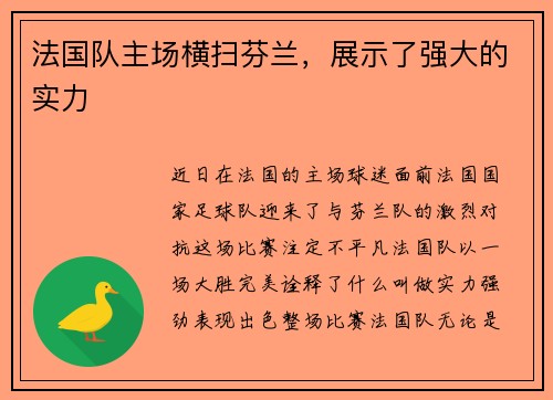 法国队主场横扫芬兰，展示了强大的实力