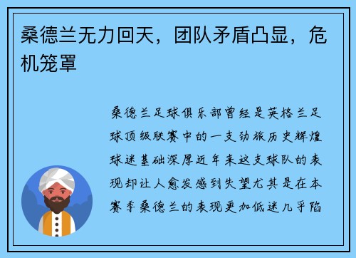 桑德兰无力回天，团队矛盾凸显，危机笼罩