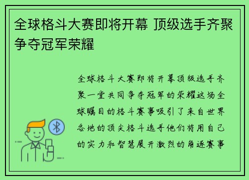 全球格斗大赛即将开幕 顶级选手齐聚争夺冠军荣耀