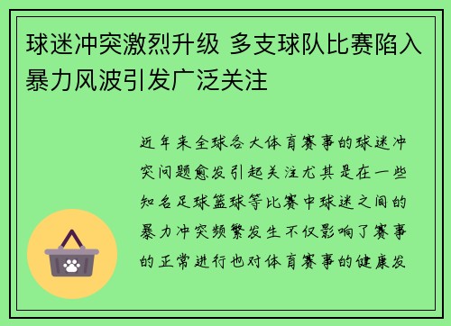 球迷冲突激烈升级 多支球队比赛陷入暴力风波引发广泛关注