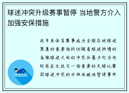 球迷冲突升级赛事暂停 当地警方介入加强安保措施